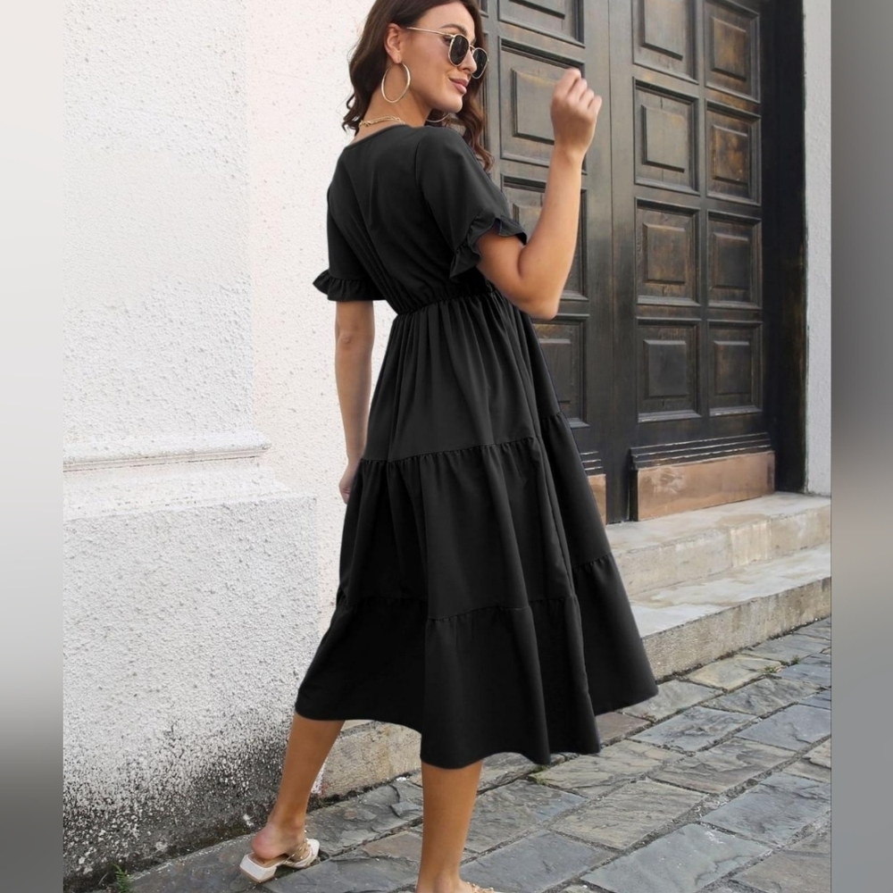 Black Ruffle Sleeve Midi Dress - Picture 2 of 9